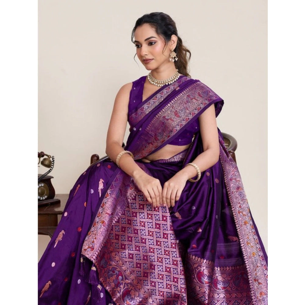 Women's Jacquard Woven Saree With Unstitched Blouse 5.5Mtr (Purple)