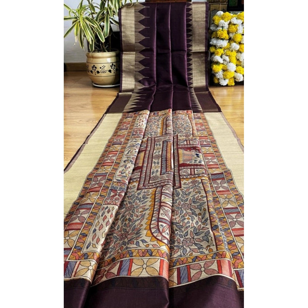 Women's Tussar Silk Madhubani Saree With Unstitched Blouse 5.5Mtr (Coffee)
