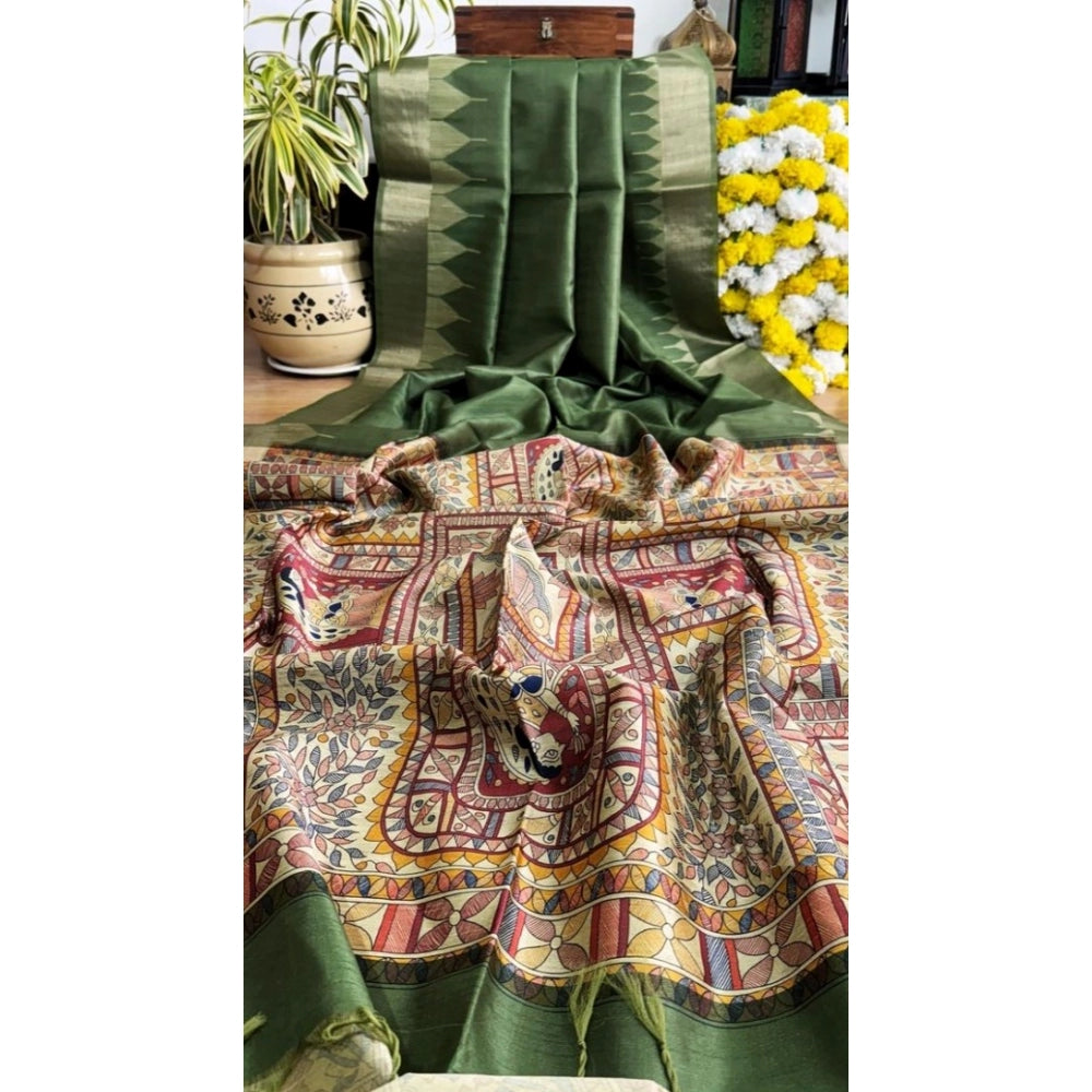 Women's Tussar Silk Madhubani Saree With Unstitched Blouse 5.5Mtr (Green)