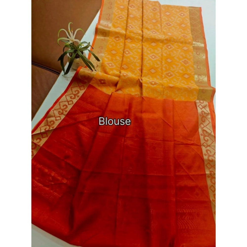 Women's Raw Silk Ikkat Saree With Unstitched Blouse 5.5Mtr (Mustard)