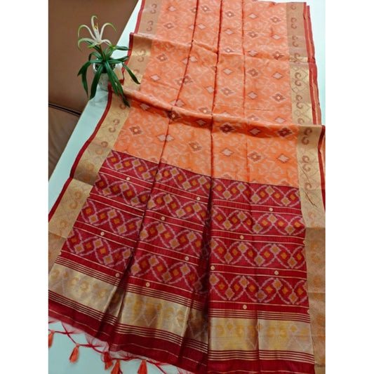 Women's Raw Silk Ikkat Saree With Unstitched Blouse 5.5Mtr (Peach)