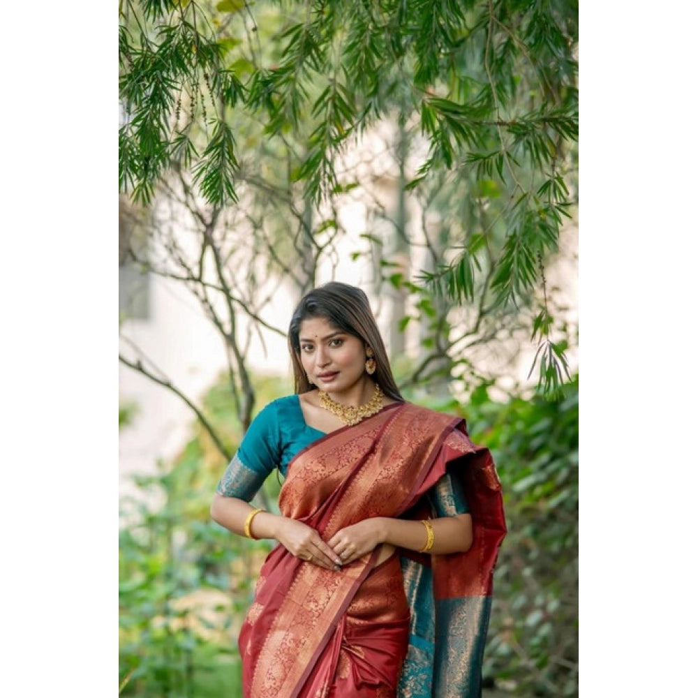 Women's Katan_Silk Zari_Weaving Saree With Unstitched Blouse 5.5Mtr (Maroon)