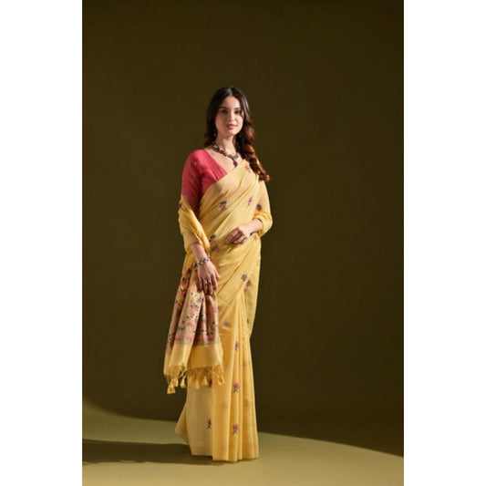 Women's Blended_Cotton Floral Saree With Unstitched Blouse 5.5Mtr (Mustard)