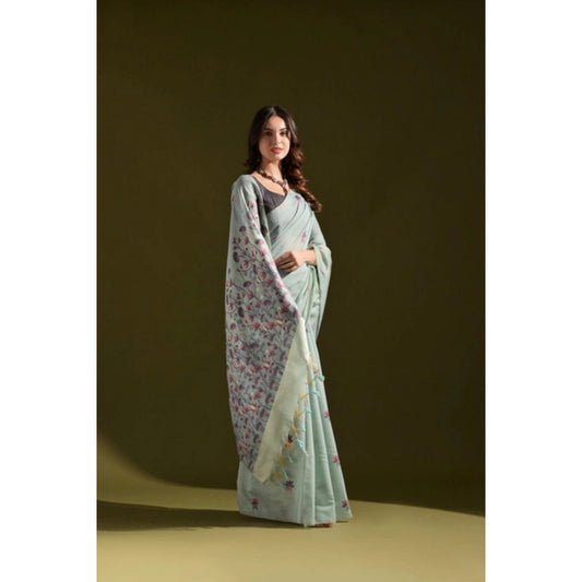 Women's Blended_Cotton Floral Saree With Unstitched Blouse 5.5Mtr (Aqua_Blue)