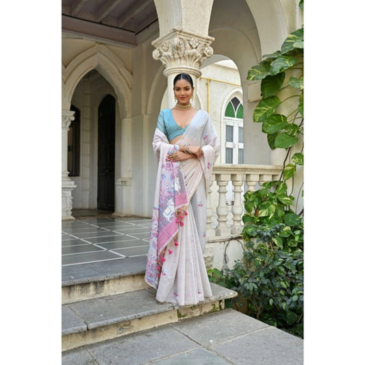 Women's Blended_Cotton Floral Weaving Pattern Saree With Unstitched Blouse 5.5Mtr (Pink)
