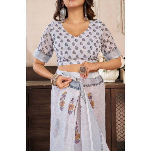 Women's Faux Linen Floral Print Ready to wear Saree With Unstitched Blouse 5.5Mtr (Off_White)