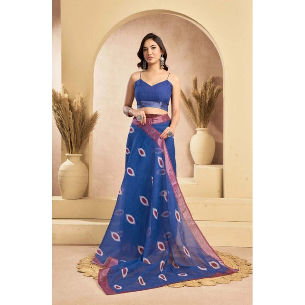 Women's Faux Linen Printed Ready to wear Saree With Unstitched Blouse 5.5Mtr (Blue)