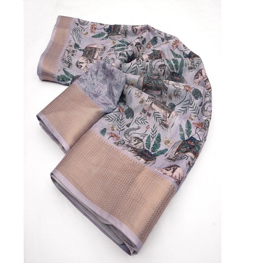 Women's Cotton Silk Printed Saree With Unstitched Blouse 5.5Mtr (Grey)