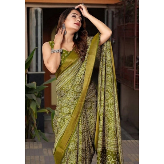 Women's Cotton Silk Printed Saree With Unstitched Blouse 5.5Mtr (Green)