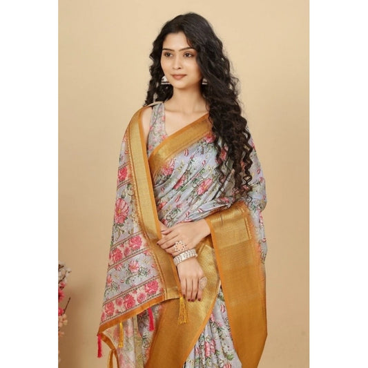Women's Cotton Silk Floral Printed Saree With Unstitched Blouse 5.5Mtr (Lavender)