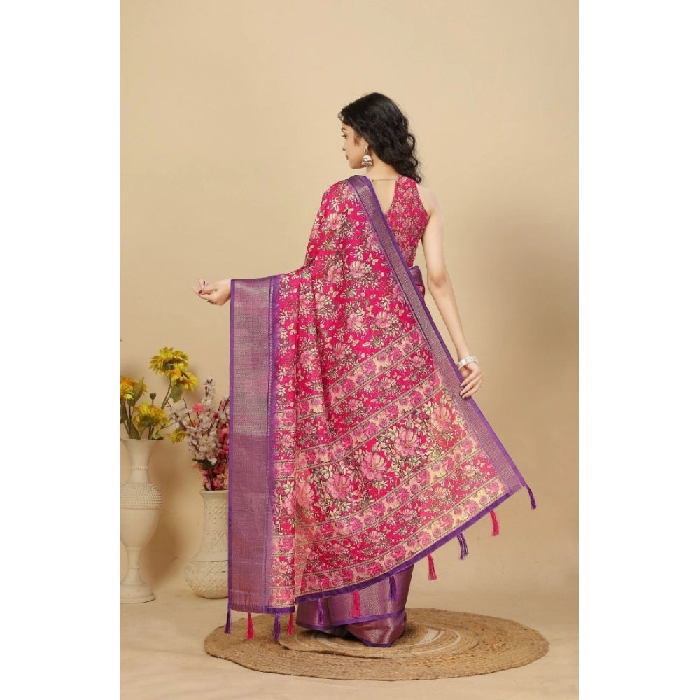 Women's Cotton Silk Floral Printed Saree With Unstitched Blouse 5.5Mtr (Pink)