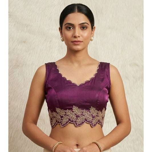 Women's Silk Embroidered Sweetheart Neck Sleeveless Readymade Padded Blouse (Wine, Size 38)