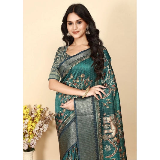 Women's Cotton Silk Printed Saree With Unstitched Blouse 5.5Mtr (Teal)