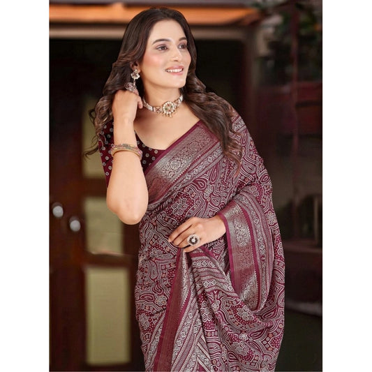 Women's Cotton Silk Floral Printed Saree With Unstitched Blouse 5.5Mtr (Maroon)