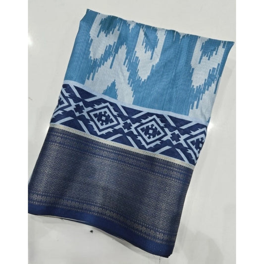 Women's Cotton Silk Printed Saree With Unstitched Blouse 5.5Mtr (Blue)