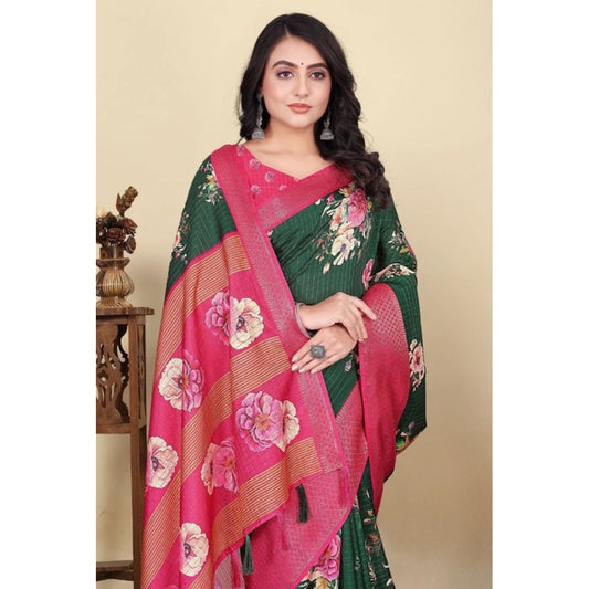 Women's Cotton Blend Floral Printed Saree With Unstitched Blouse 5.5Mtr (Green)