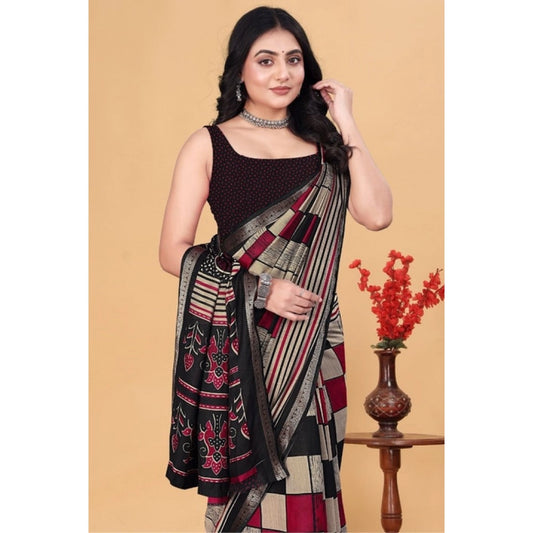 Women's Dupion Silk Block Printed Saree With Unstitched Blouse 5.5Mtr (Multicolor)