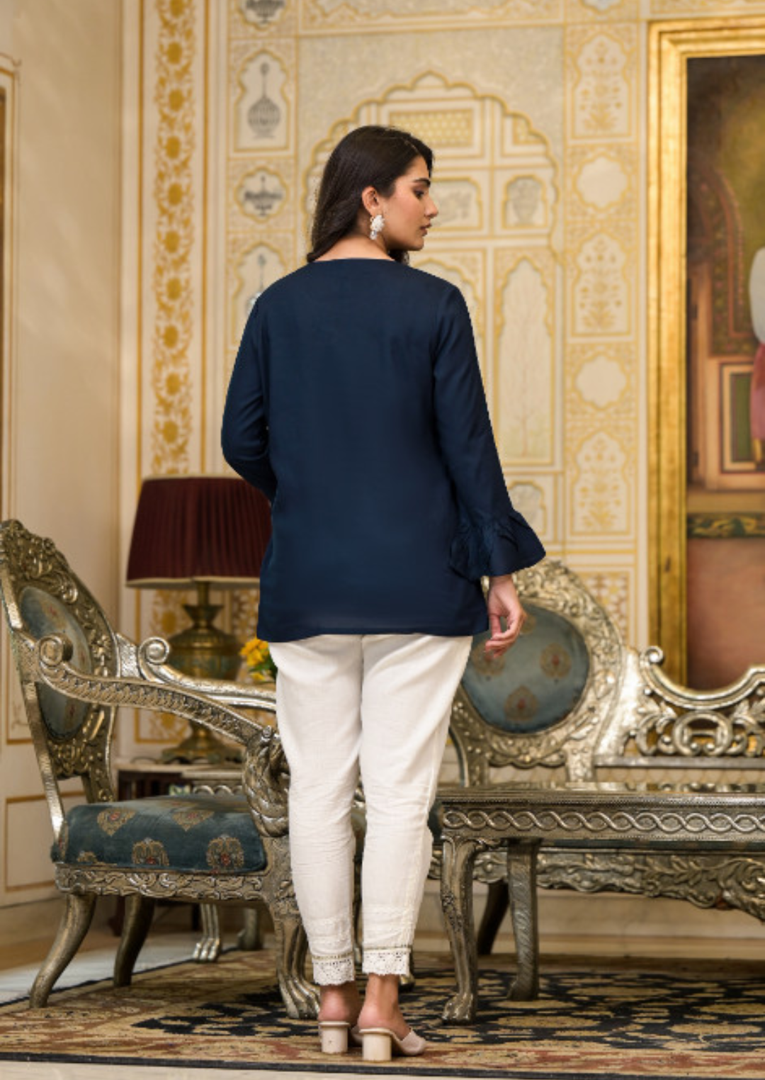 Navy Blue Solid Rayon Top with Tassels & Doris
