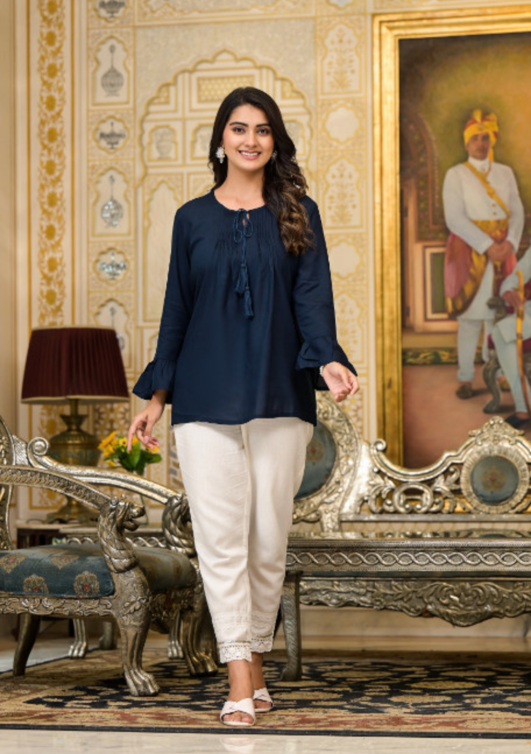 Navy Blue Solid Rayon Top with Tassels & Doris