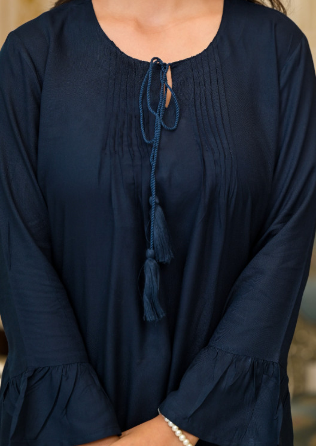 Navy Blue Solid Rayon Top with Tassels & Doris