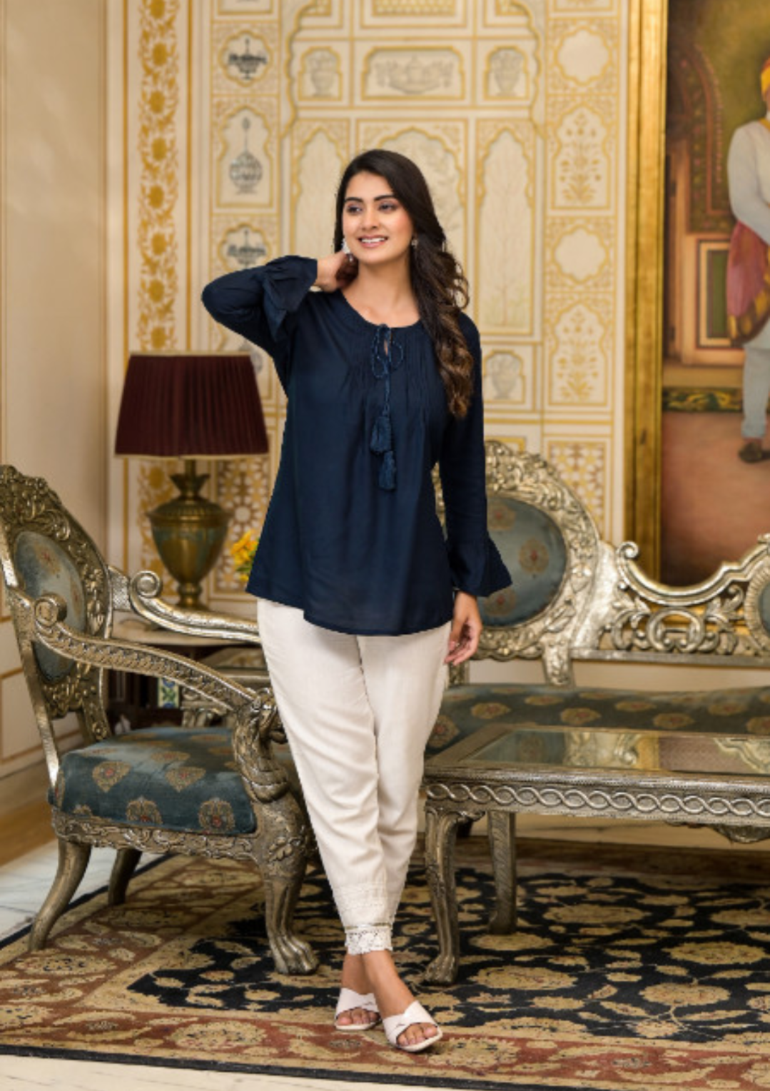 Navy Blue Solid Rayon Top with Tassels & Doris