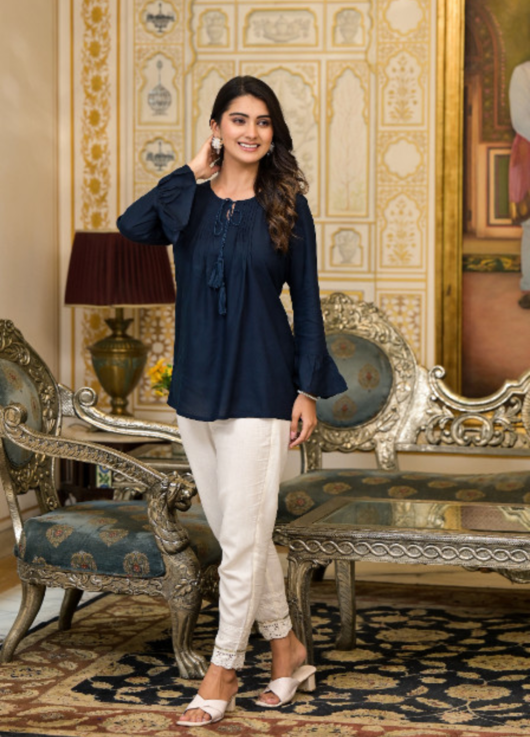 Navy Blue Solid Rayon Top with Tassels & Doris