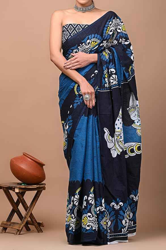 Midnight Kamal Bold Indigo Mulmul Cotton Saree-2
