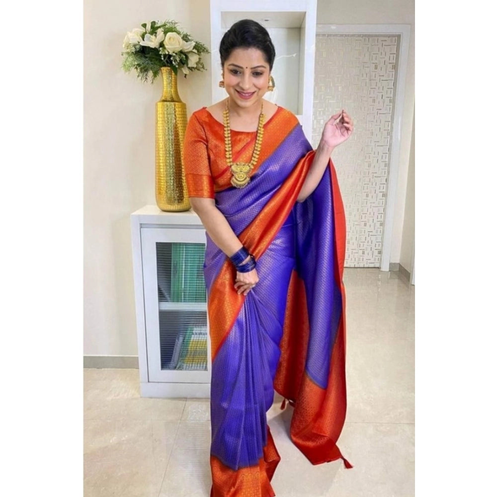 Women's Soft Lichi Silk Printed Saree With Unstitched Blouse 5.5Mtr (Blue)